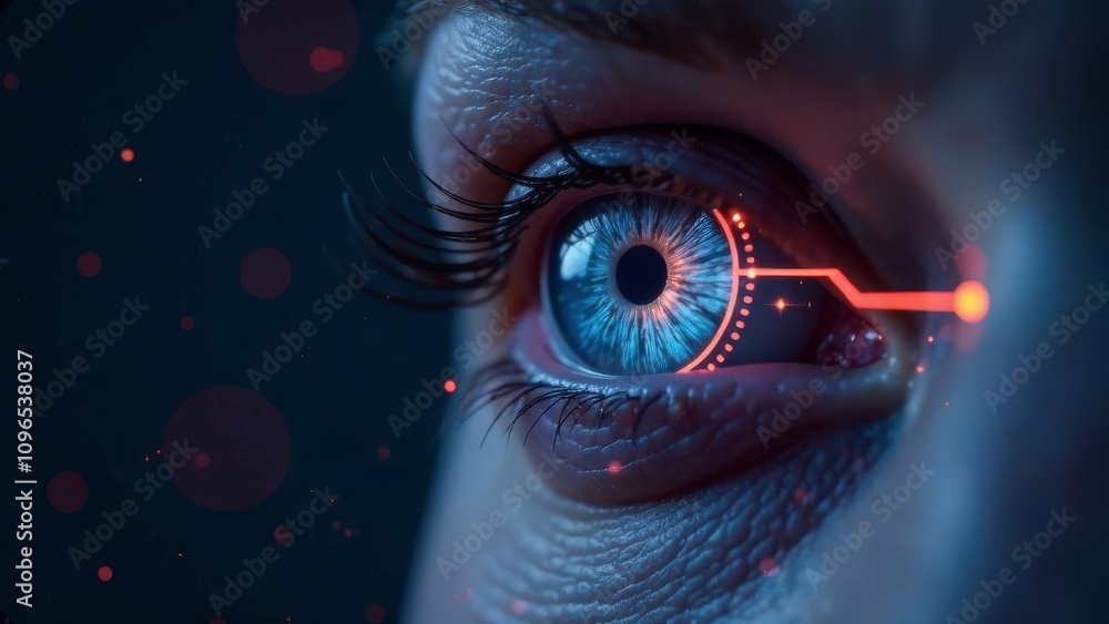Poster futuristic blue eye with augmented reality interface display in low light