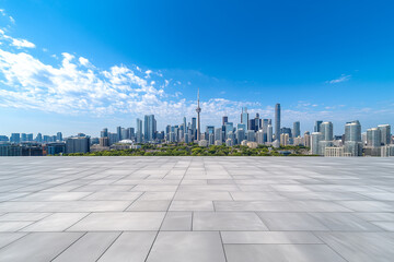 Obraz premium Empty Rooftop with City Skyline and Clear Blue Sky