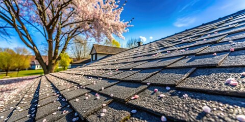 During a spring home inspection in a suburban neighborhood, a close-up shot showcases hail damage on a black shingle roof, highlighting weather effects.