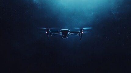A sleek black drone hovers in the dark, illuminated by its glowing lights, creating a sense of futuristic exploration