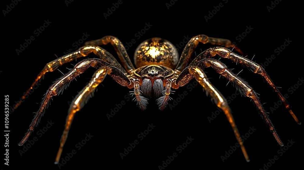 Wall mural golden spider weaving an elegant web highlighted on a black minimal background