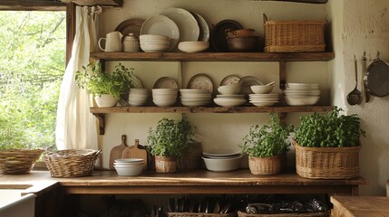 Rustic Kitchen Shelves with Natural Decor and Fresh Herbs Display