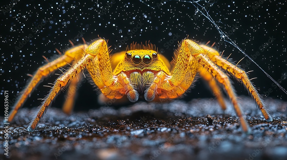 Wall mural closeup of a golden spider weaving a web with precision on a dark background