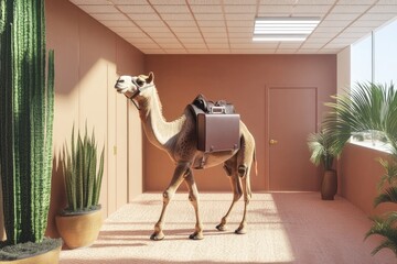 A camel with a briefcase, walking through a desert - themed office environment