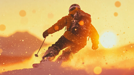 Skier carving through powder at sunset