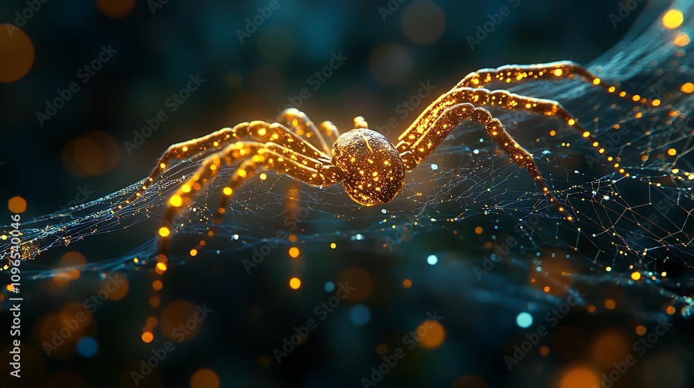 Wall mural closeup of a golden spider weaving a web with precision on a dark background