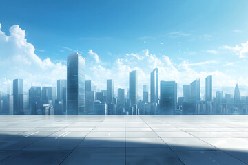 Empty Rooftop with City Skyline and Clear Blue Sky