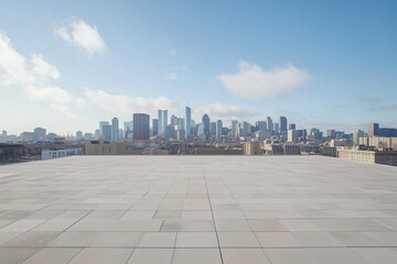 Obraz premium Empty Rooftop with City Skyline and Clear Blue Sky