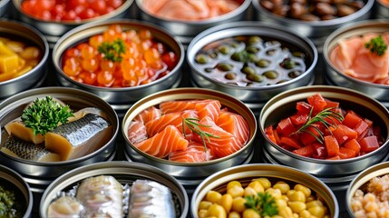 Assorted Canned Seafood and Vegetables in Metal Containers