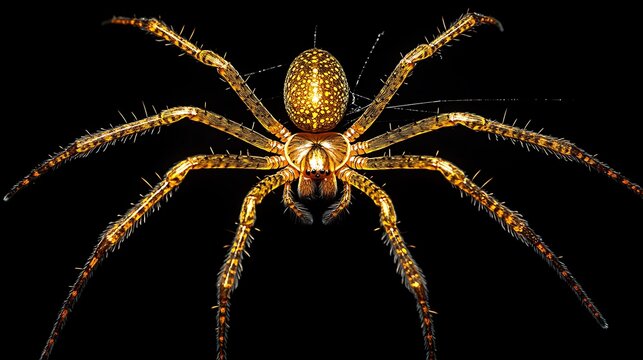 Elegant golden spider and its web glowing against a contrasting black backdrop