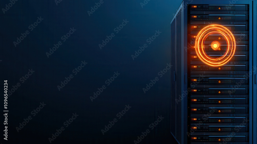 Poster high tech server rack with glowing orange circular hologram, showcasing advanced technology and digi