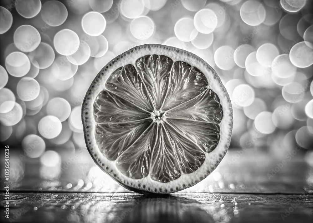 Poster black and white artistic drawing of a half citrus fruit slice highlighting intricate inner textures 