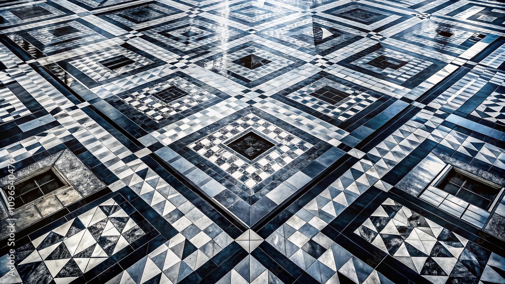 Poster black and white double exposure photography of a patterned floor with square tiles merging with abst