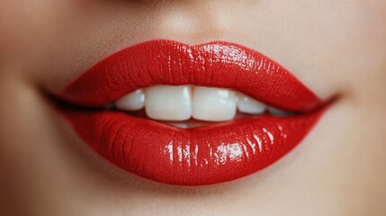 Close-up of a woman's lips with vivid red lipstick and bright white teeth