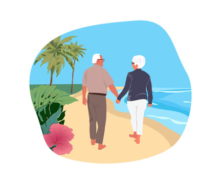 elderly couple walking beach, holding hands clip art preview