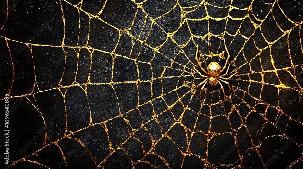 Wall mural highlighted intricate web spun by a golden spider on a jet black minimalist backdrop