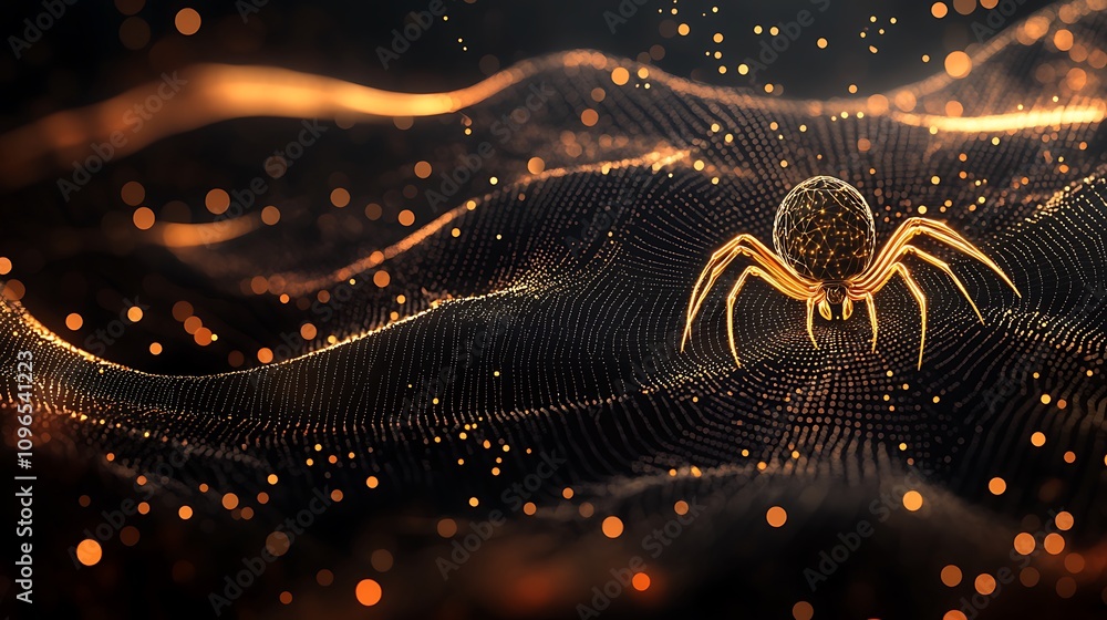 Wall mural dark minimal background emphasizing a golden spider spinning an intricate web