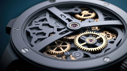 Close up of internal structure and gears in elegant watch, showcasing intricate details and craftsmanship. combination of metal and gold elements creates stunning visual appeal