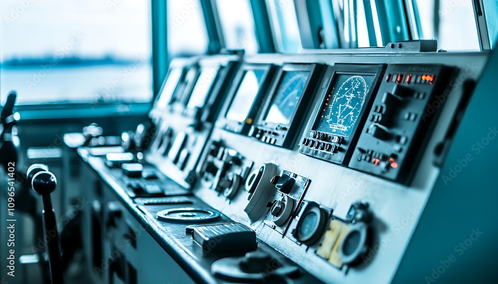 Poster control panel of a ship's bridge with various instruments and displays for navigation.