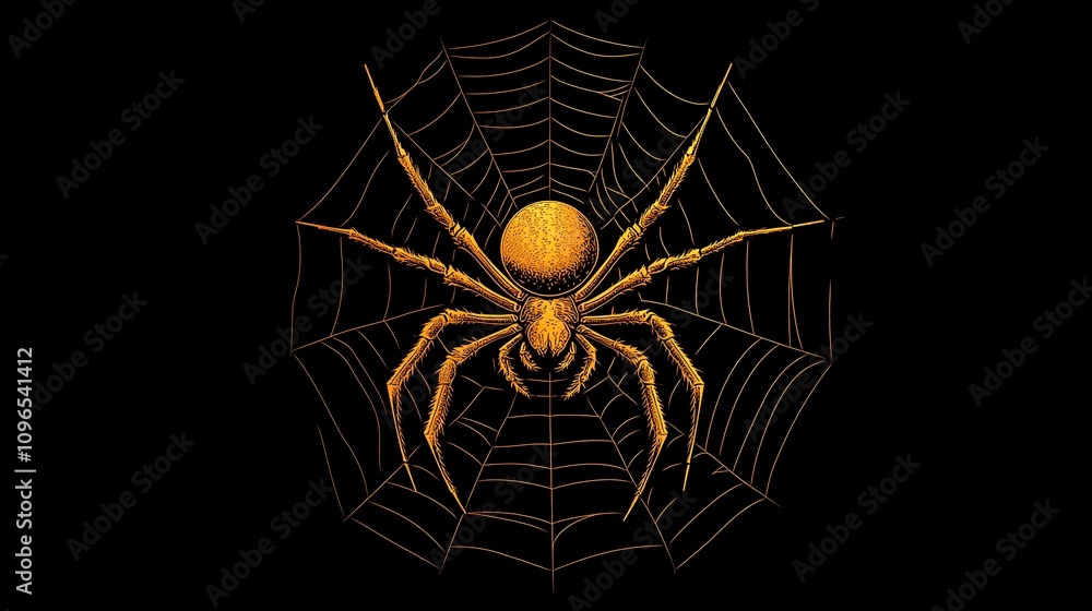 Wall mural dark minimal background emphasizing a golden spider spinning an intricate web