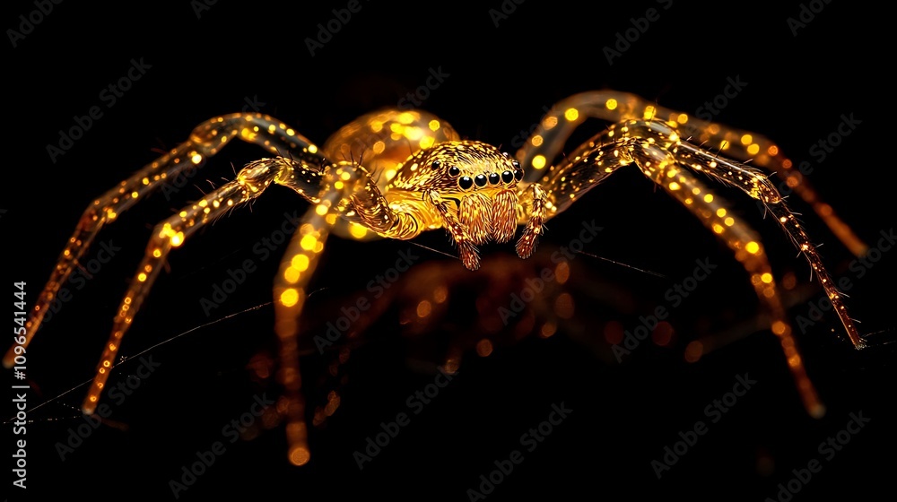 Canvas Prints golden spider illuminated against a black background crafting a precise web