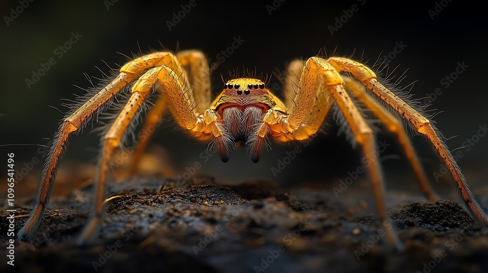 Wall mural hairy legged golden spider delicately creating a web in a black moody setting