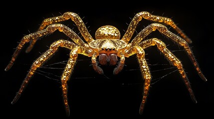 Obraz premium Golden spider illuminated against a black background crafting a precise web