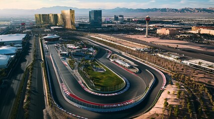 Aerial View of Vegas Racing Circuit with Cityscape in Background