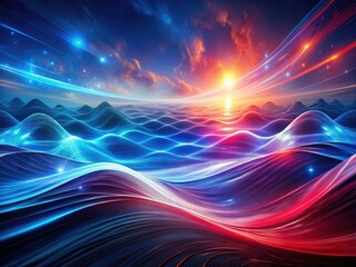 Dynamic Light Waves in Deep Blues and Vivid Reds - Stunning Digital Art for Home Decor and Creative Projects