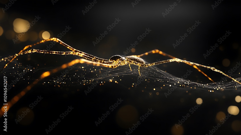 Wall mural minimal black background emphasizing a golden spider's delicate web creation