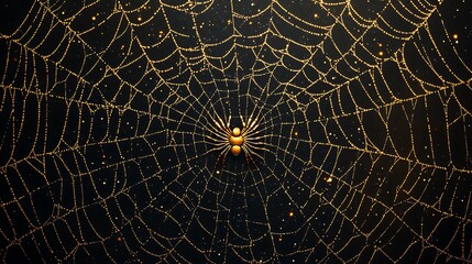 Obraz premium Minimal black background emphasizing a golden spider's delicate web creation