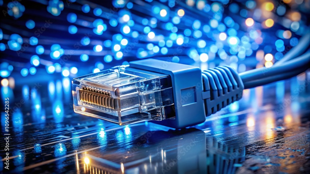 Poster blue rj45 network connector: a close-up view of an ethernet plug highlighting its design, functional