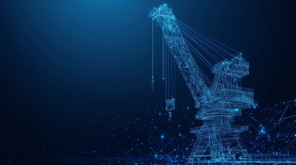 Abstract Port Crane with Dark Blue Background, Featuring Low Poly Wireframe, Geometric Lines, Copy Space, and Glowing Particles for a Futuristic Industrial Design.
