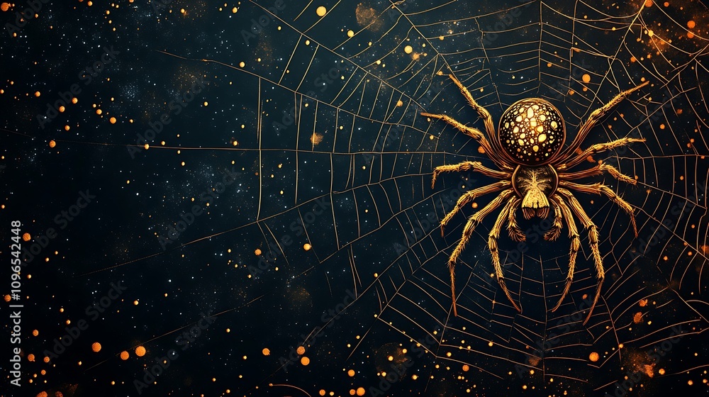 Wall mural black background featuring a golden spider building its web with intricate precision