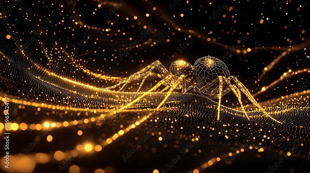 Wall mural black background featuring a golden spider building its web with intricate precision