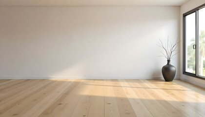 Empty room with white walls and wooden floor, a vase on the floor