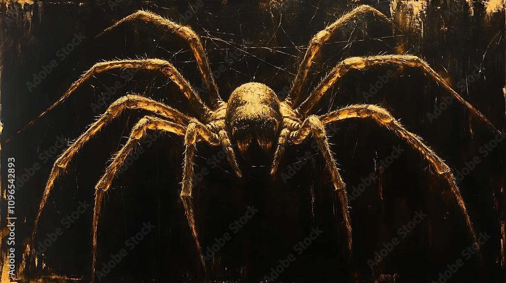 Canvas Prints highlighted golden spider crafting a web with stunning details on a black canvas