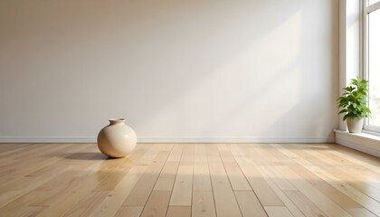 Empty room with white walls and wooden floor, a vase on the floor