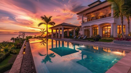 Fototapeta premium Subtle underwater lights cast a serene blue hue, illuminating the water and creating a tranquil, almost magical ambiance.