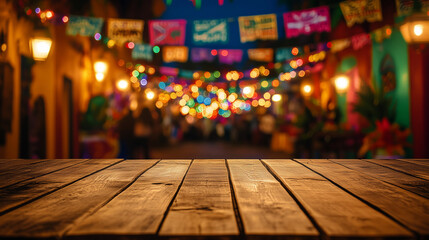 Vibrant Cinco de Mayo festive street with colorful lights and decorations