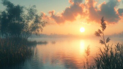 Fototapeta premium Serene Sunset Over Misty Lake