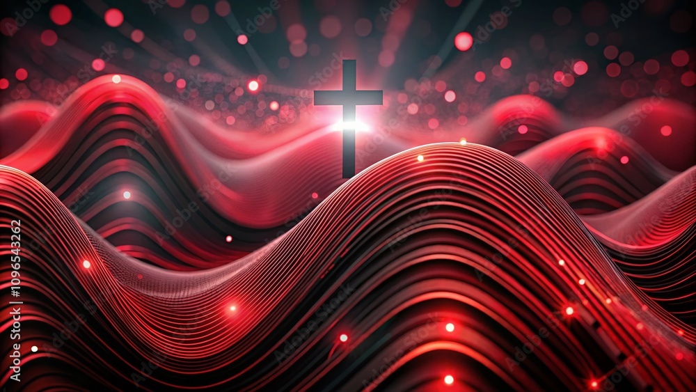 Poster bold wave-like patterns in black and crimson on a dynamic abstract background with shimmering points