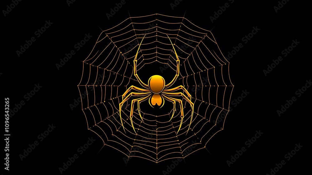 Wall mural minimalist dark background with a golden spider crafting its web of precision