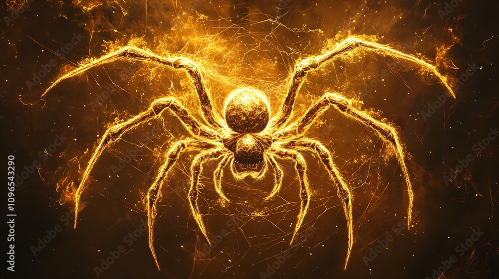 Wall mural glowing golden spider weaving an intricate web set against a dark moody backdrop