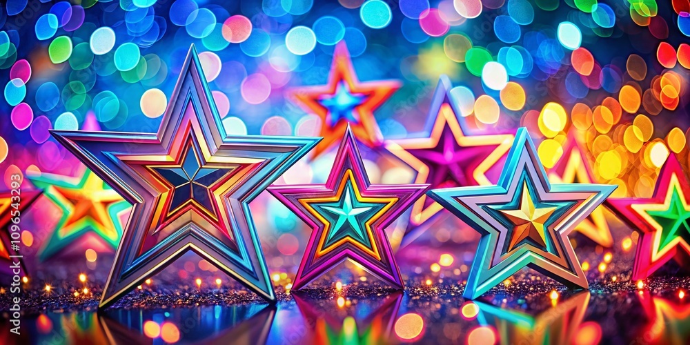 Poster bold pop art stars with vibrant outlines in a stunning bokeh effect background, enveloping the scene
