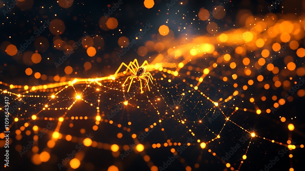 Wall mural glowing golden spider weaving an intricate web set against a dark moody backdrop