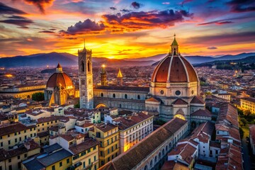 Obraz premium Breathtaking Aerial View of Florence Duomo and Panoramic Cityscape at Sunset, Capturing the Warm Glow Over Historic Architecture and Scenic Landscape