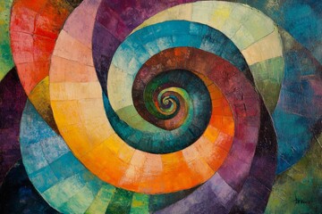 Fototapeta premium Vibrant Swirling Spiral Abstract Painting - Abstract art, spiral, color, energy, infinity. A captivating swirl of vibrant hues symbolizing growth, transformation, and the infinite.