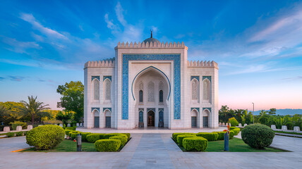 Obraz premium Elegant Mosque at Sunset with Lush Green Surroundings, a building with a blue sky, and a white mosque.