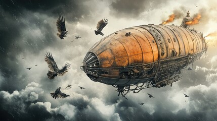 Obraz premium A steampunk airship navigates a stormy sky surrounded by birds.